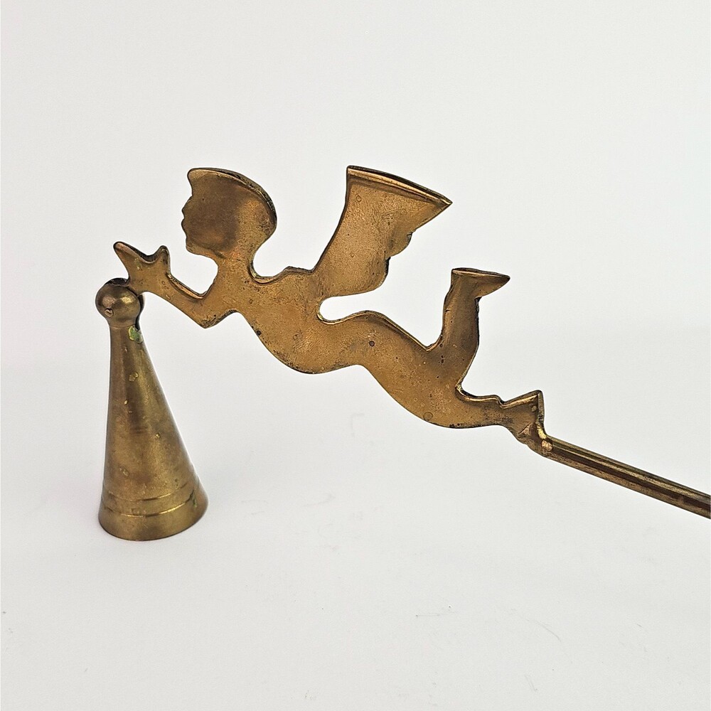 Vintage Angel Solid Brass Candle Snuffer Cherub 10 inches Articulated Bell